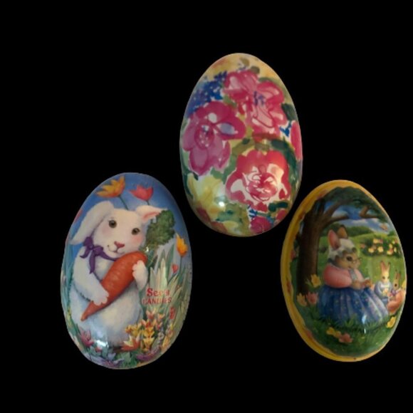 3 Vintage Large Easter Eggs Paper Metal Plastic #2454-2 - Picture 2 of 6